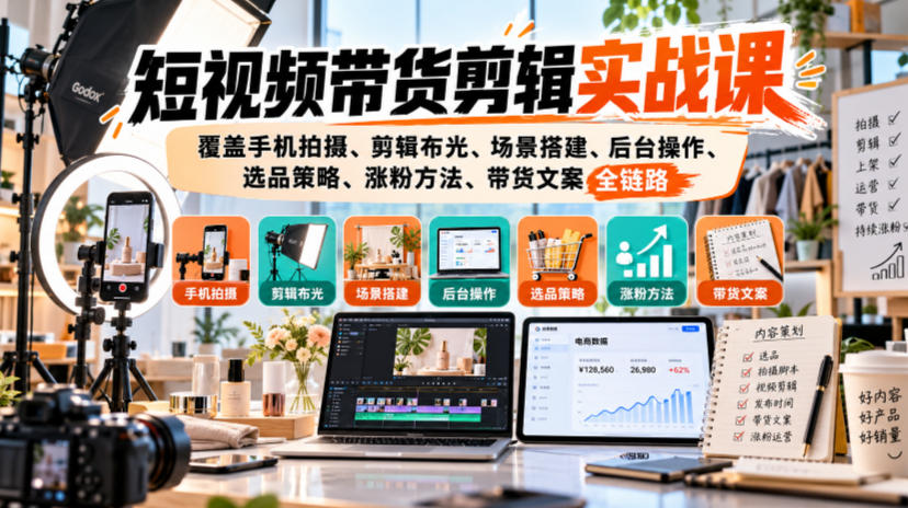 短视频带货剪辑实战课，覆盖手机拍摄、剪辑布光、场景搭建、后台操作、选品策略、涨粉方法、带货文案全链路-网创之家