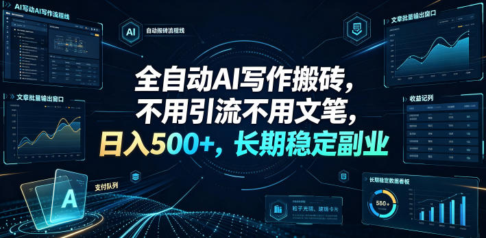 全自动AI写作搬砖，不用引流不用文笔，日入500+，长期稳定副业【揭秘】-网创之家