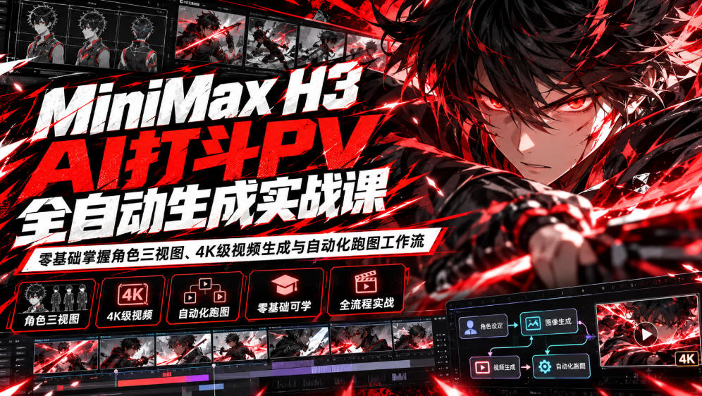 MiniMax H3 AI打斗PV全自动生成实战课：零基础掌握角色三视图、4K级视频生成与自动化跑图工作流-网创之家