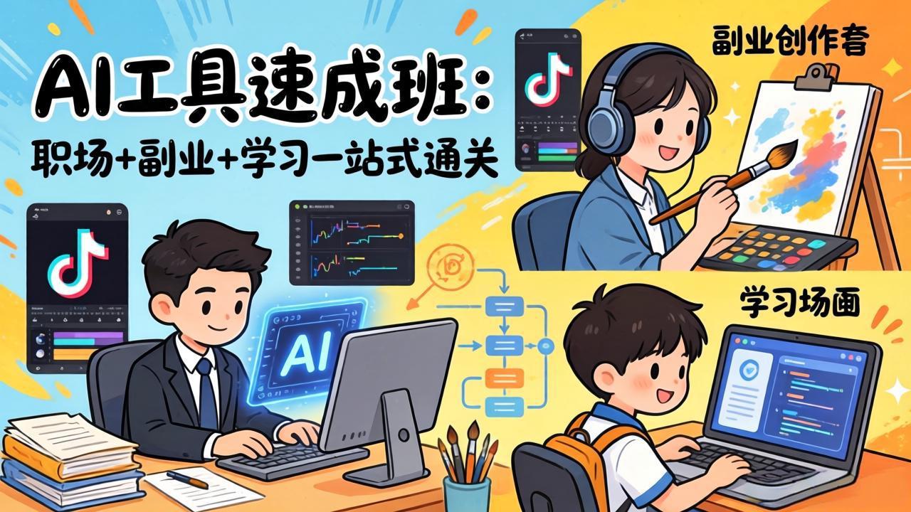 AI工具速成班：职场+副业+学习一站式通关，20+爆款类型+剪映技巧+抖音算法，0基础快速上手-网创之家