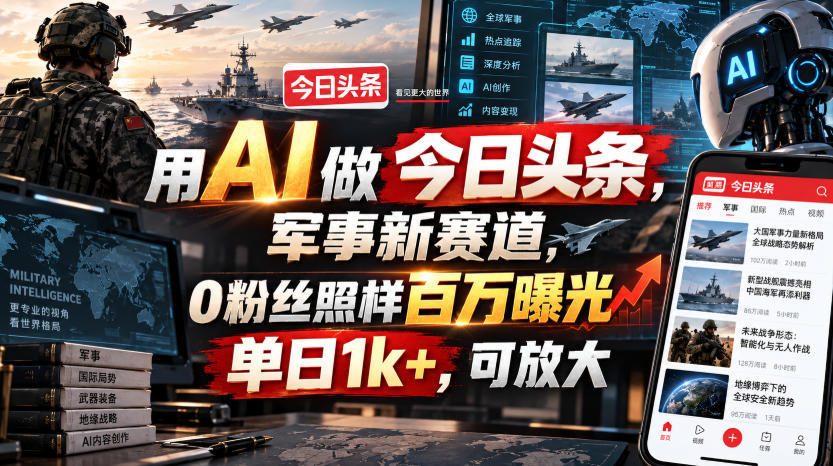 用AI做今日头条，军事新赛道，0粉丝照样百万曝光，单日1k+，可放大-网创之家