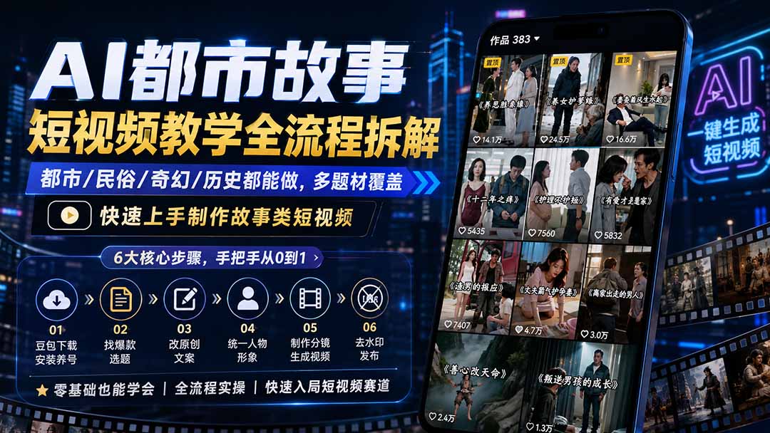 AI都市故事短视频教学全流程拆解；都市/民俗/奇幻/历史都能做多题材覆盖，快速上手制作故事类短视频-网创之家