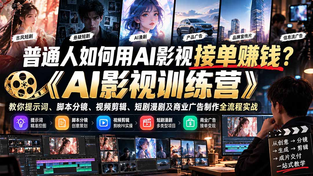 普通人如何用AI影视接单赚钱？《AI影视训练营》教你提示词、脚本分镜、视频剪辑、短剧漫剧及商业广告制作全流程实战-网创之家