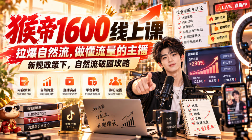 猴帝1600线上课，拉爆自然流，做懂流量的主播，新规政策下，自然流破圈攻略【更新261023】-网创之家
