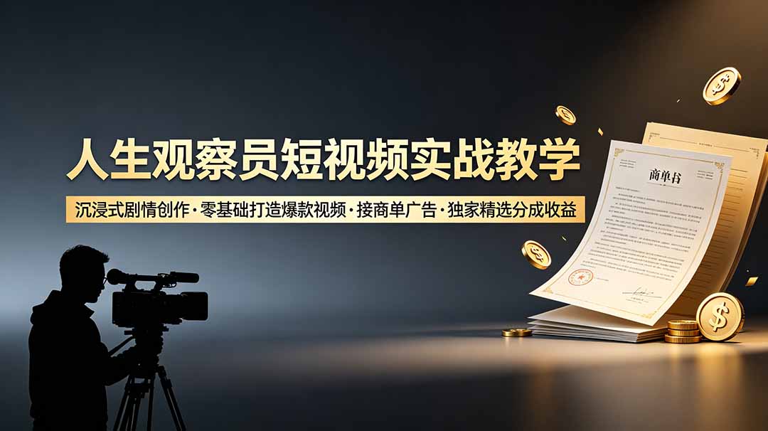人生观察员短视频实战教学，沉浸式剧情创作，零基础打造爆款视频，接商单广告，独家精选分成收益-网创之家