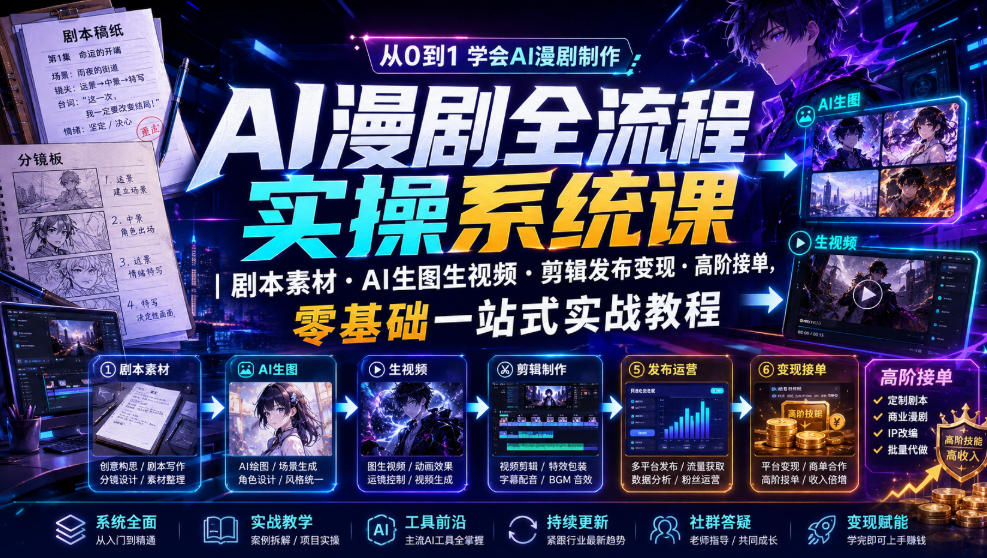 AI漫剧全流程实操系统课｜剧本素材・AI生图生视频・剪辑发布变现・高阶接单，零基础一站式实战教程-网创之家