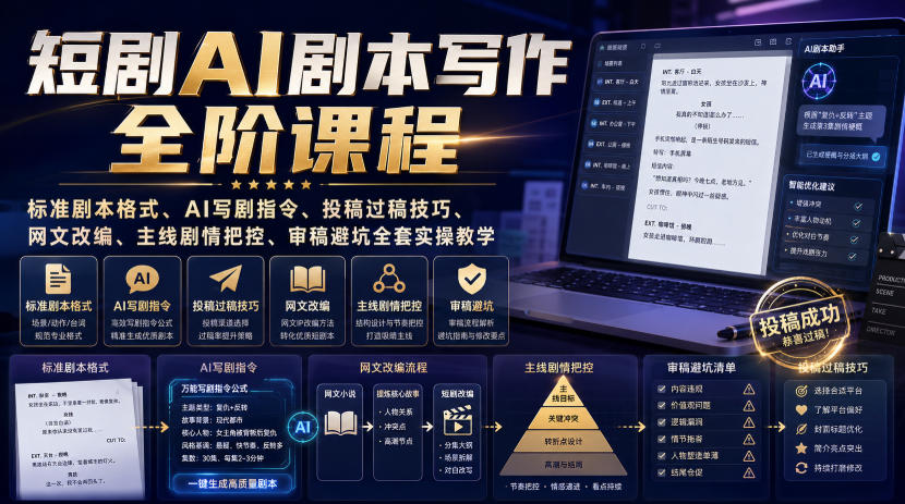 短剧AI剧本写作全阶课程｜标准剧本格式、AI写剧指令、投稿过稿技巧、网文改编、主线剧情把控、审稿避坑全套实操教学-网创之家
