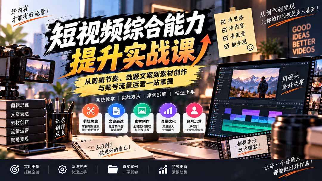 短视频综合能力提升实战课：从剪辑节奏、选题文案到素材创作与账号流量运营一站掌握-网创之家