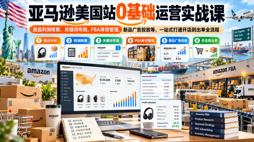 亚马逊美国站0基础运营实战课｜选品利润核算、关键词布局、FBA库存管理、新品广告投放等，一站式打通开店到出单全流程-网创之家