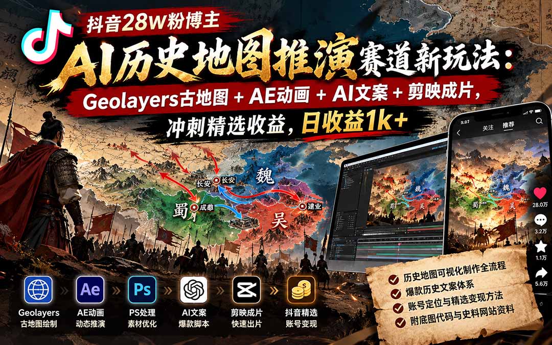 抖音28W粉博主AI历史地图推演赛道新玩法：Geolayers古地图+AE动画+AI文案+剪映成片，冲刺精选收益，日收益1k+-网创之家
