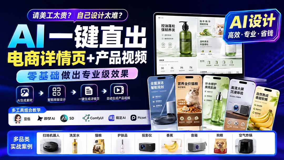 请美工太贵？自己设计太难？AI一键直出电商详情页+产品视频，零基础做出专业级效果 (更新0820-网创之家