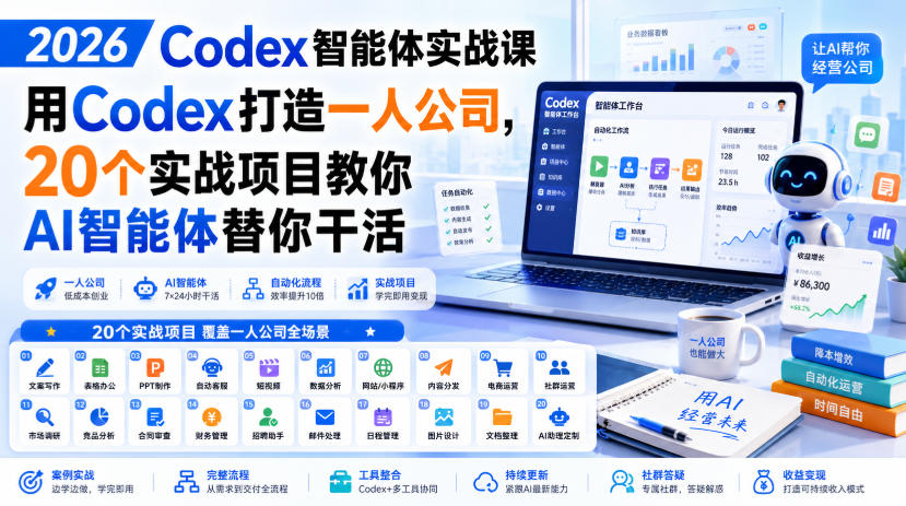 2026 Codex智能体实战课，用Codex打造一人公司，20个实战项目教你AI智能体替你干活-网创之家