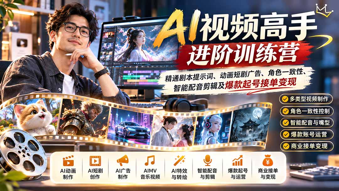 AI视频高手进阶训练营：精通剧本提示词、动画短剧广告、角色一致性、智能配音剪辑及爆款起号接单变现-网创之家