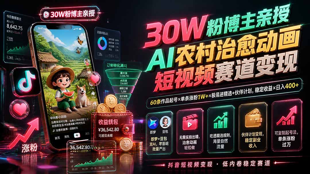 30W粉博主亲授AI农村治愈动画短视频赛道变现：60条作品起号×单条涨粉1W+×极易进精选+伙伴计划，稳定收益×日入400+-网创之家