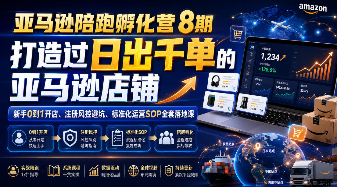 亚马逊陪跑孵化营8期，打造过日出千单的亚马逊店铺，新手0到1开店、注册风控避坑、标准化运营SOP全套落地课-网创之家