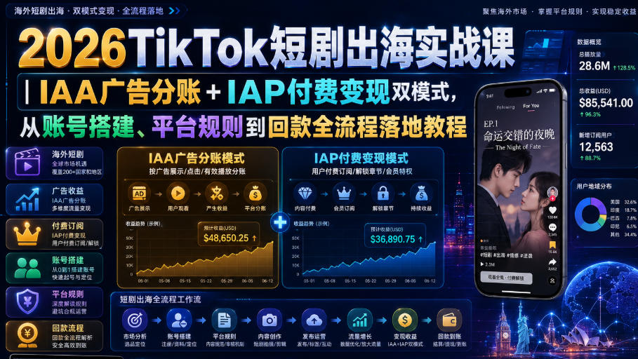 2026TikTok短剧出海实战课｜IAA广告分账+IAP付费变现双模式，从账号搭建、平台规则到回款全流程落地教程-网创之家