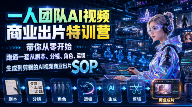 一人团队AI视频商业出片实战课：带你从零开始跑通一套从剧本、分镜、角色、运镜、生成到剪辑的AI视频商业出片SOP-网创之家