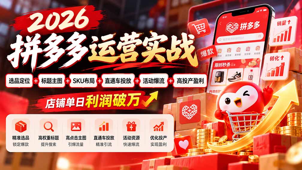 2026拼多多运营实战-更新1002：选品定位+标题主图+SKU布局+直通车投放+活动爆流+高投产盈利 店铺单日利润破万-网创之家