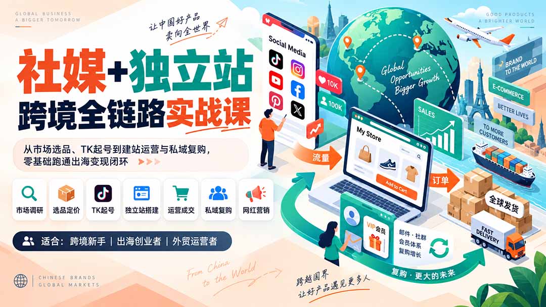 社媒+独立站跨境全链路实战课：从市场选品、TK起号到建站运营与私域复购，零基础跑通出海变现闭环-网创之家