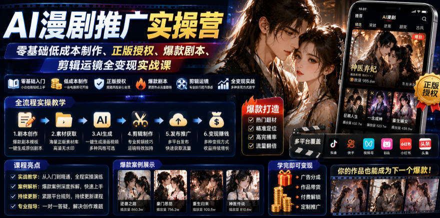 AI漫剧推广实操营｜零基础低成本制作、正版授权、爆款剧本、剪辑运镜全变现实战课-网创之家