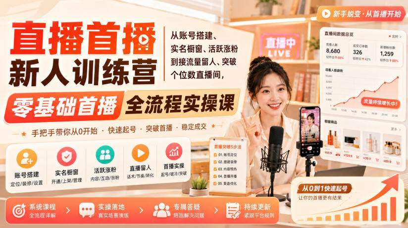 直播首播新人训练营｜从账号搭建、实名橱窗、活跃涨粉到接流量留人、突破个位数直播间，零基础首播全流程实操课-网创之家