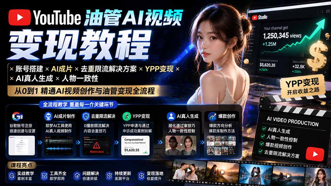 YouTube油管AI视频变现教程：账号搭建×AI成片×去重限流解决方案×YPP变现×AI真人生成×人物一致性-网创之家